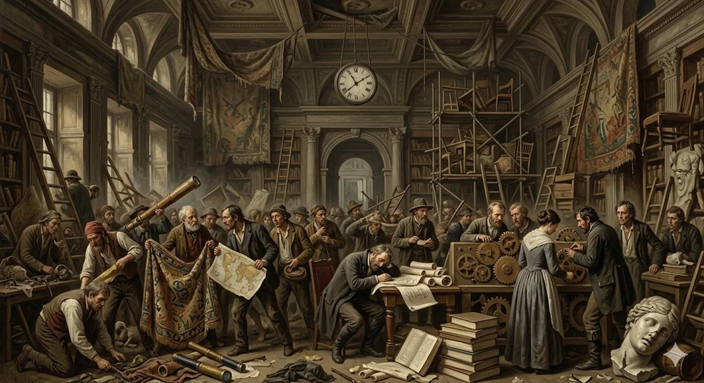 The Cluttered Library — a grand hall mid-renovation, everyone busy, nothing being decided.